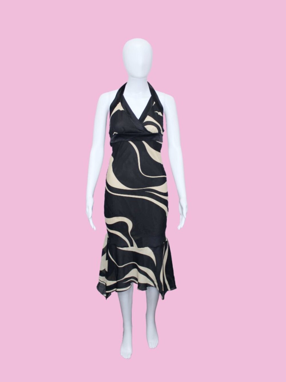 Y2K FOREVER2 Swirl Halter Dress with Ruffle Hem & Black Satin Trim. XS-S. AS IS